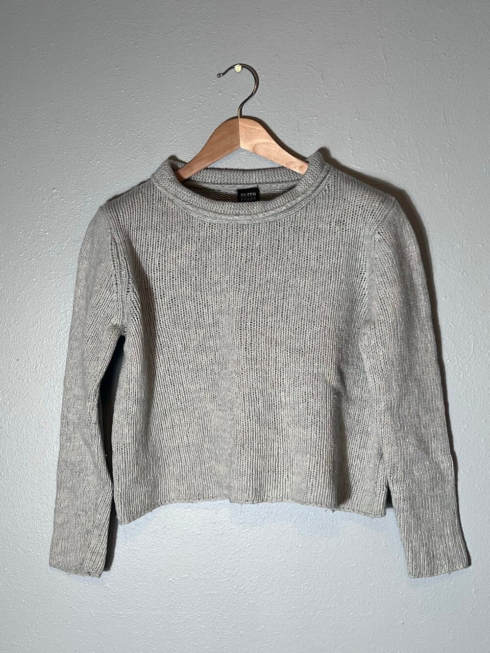 Eileen Fisher Roll Neck Sz  L Knit Sweater Wool Cashmere Angora Rolled Cropped